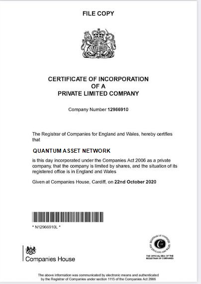 Quantum Asset Network certificate of incorporation